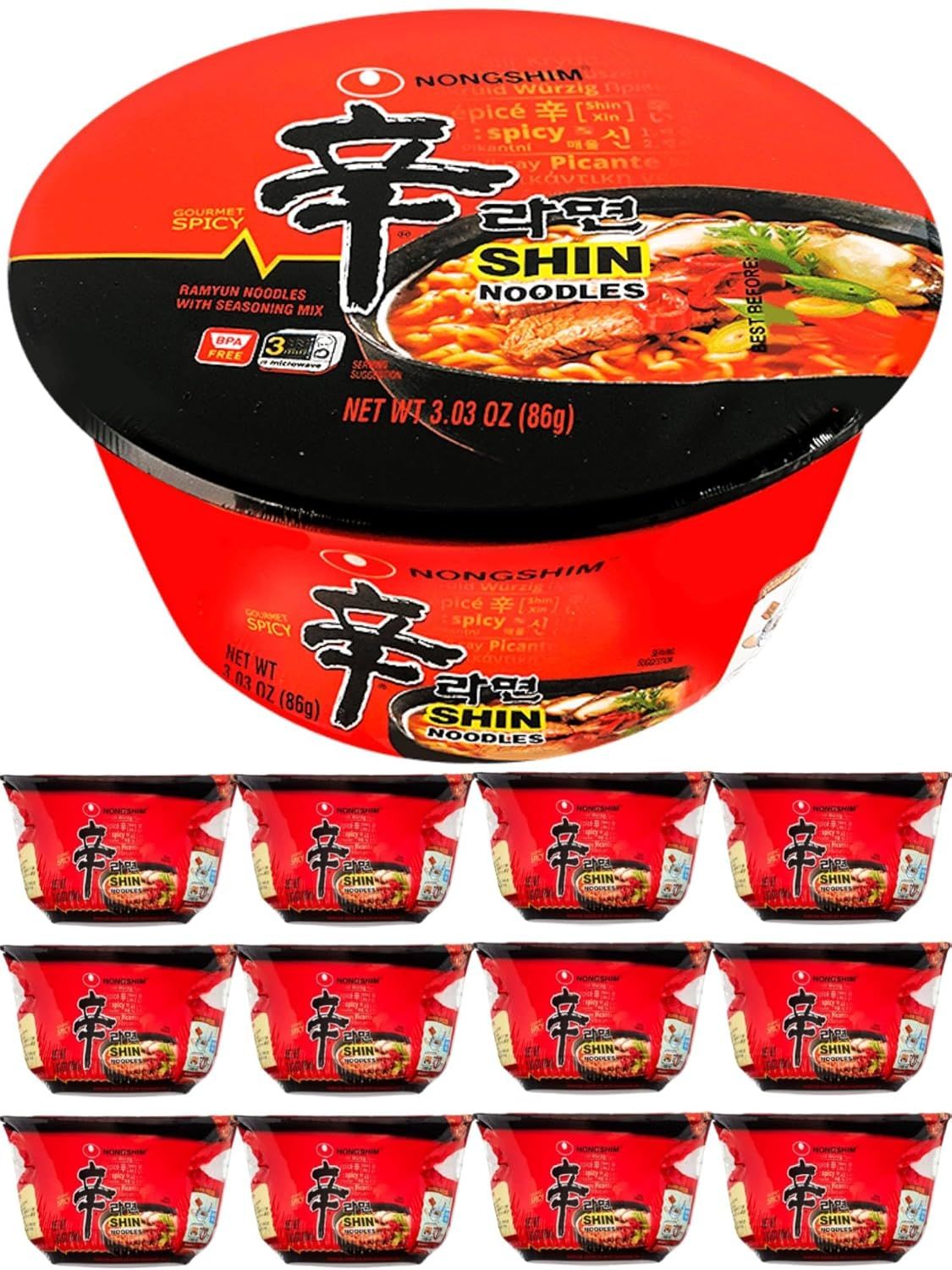 Shin Ramyun Spicy Beef Ramen Noodle Soup Bowls Bundle. Includes 12 Bowls 3.03 Oz Shin Flavor