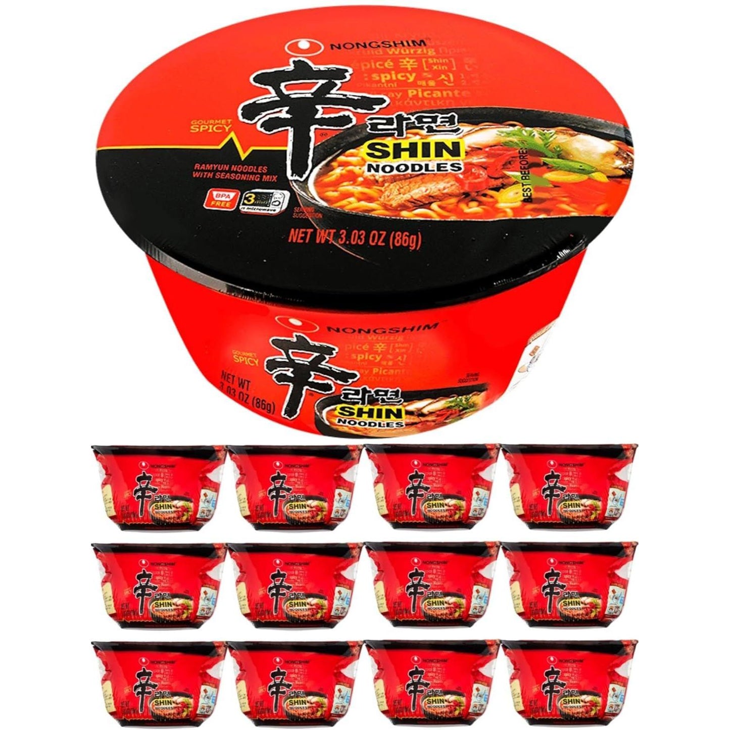 Shin Ramyun Spicy Beef Ramen Noodle Soup Bowls Bundle. Includes 12 Bowls 3.03 Oz Shin Flavor