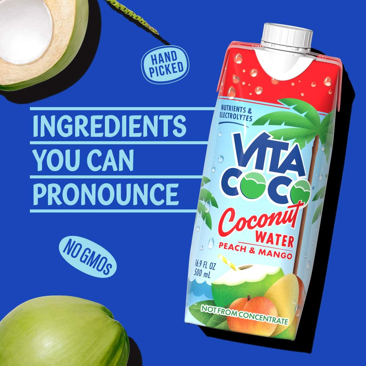 Vita Coco Coconut Water, Peach & Mango - Naturally Hydrating Electrolyte Drink - Sports Drinks - Gluten Free -16.9 Fl Oz (Pack of 12)
