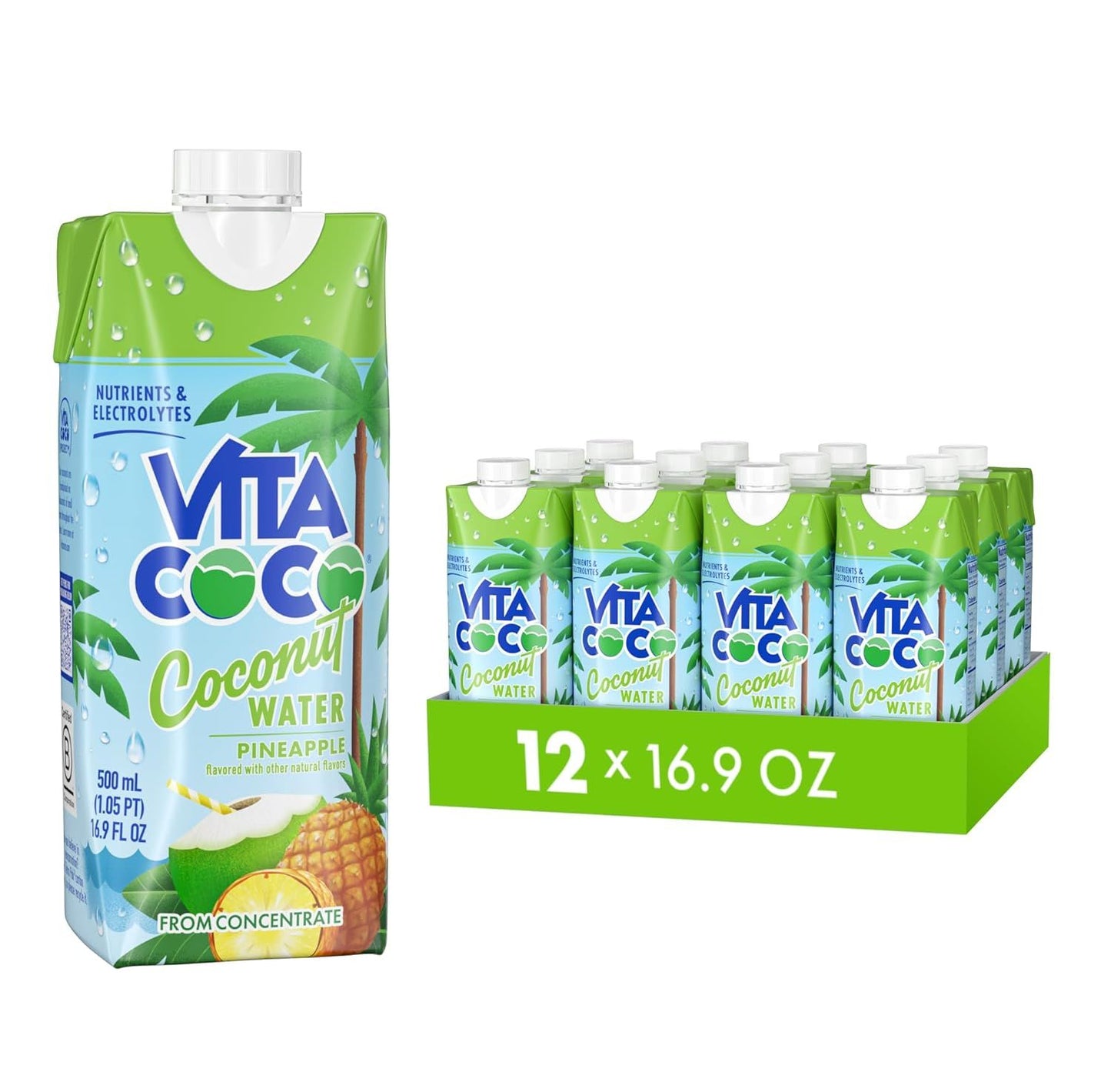 Vita Coco Coconut Water Naturally Hydrating Electrolyte Drink , Sports Drinks Gluten Free, Pineapple, 16.9 Fl Oz (Pack of 12)