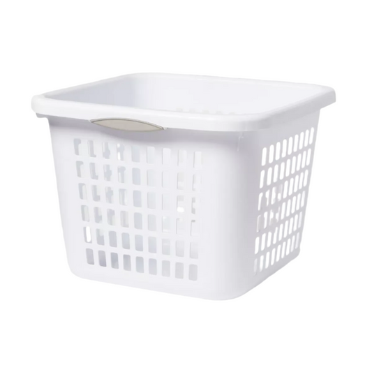 1.5bu Plastic Square Laundry Basket - Woofmeets: Medium White Clothes Hamper with Built-In Handles, Portable Storage