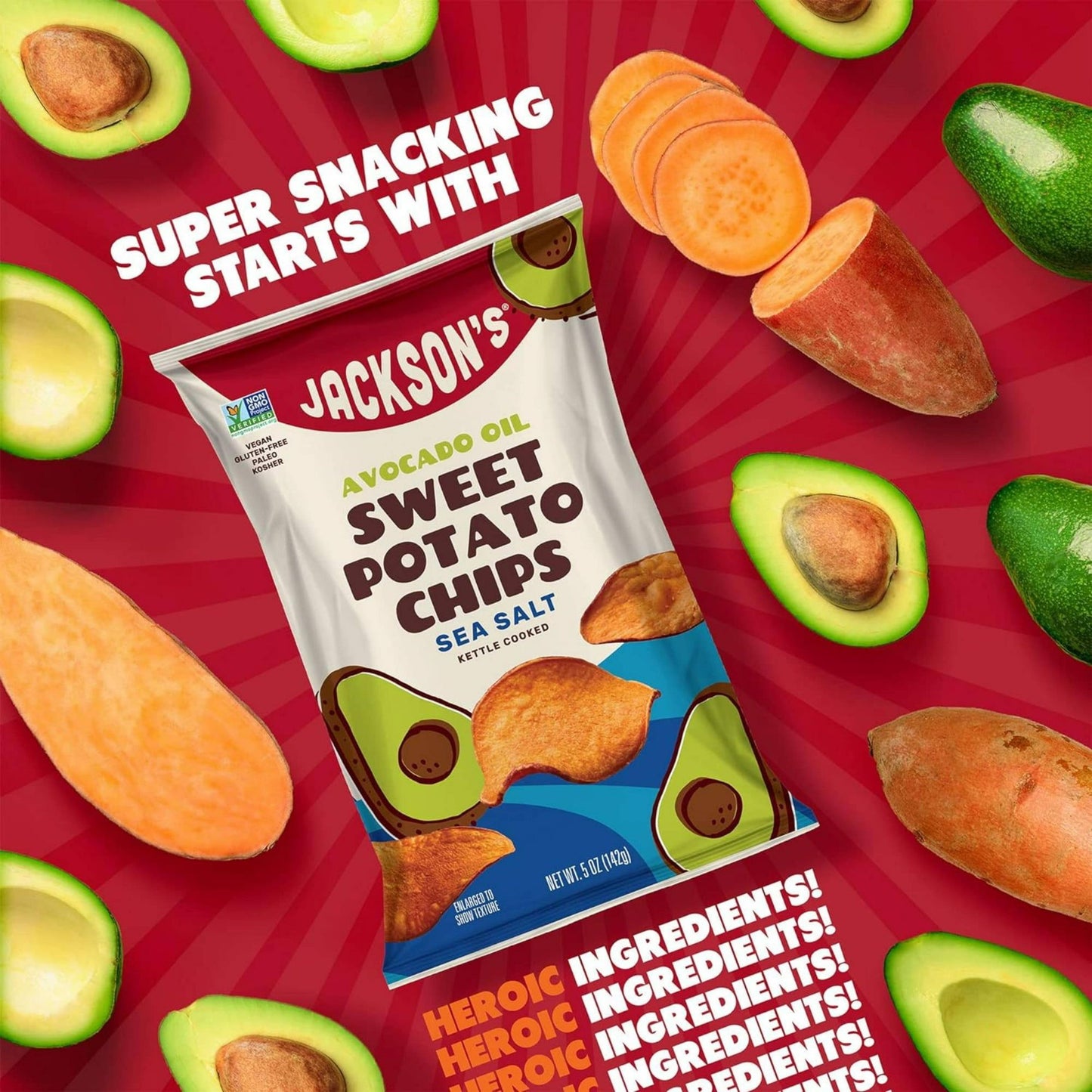 (3 pack) Jackson's Sweet Potato Kettle Chips with Sea Salt, Avocado Oil, Allergen-Friendly, 5 oz