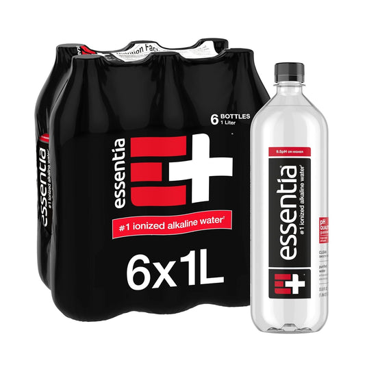 Essentia Bottled Water, 1 Liter, Pack of 6 Bottles, pH 9.5 or Higher; Ionized Alkaline Water